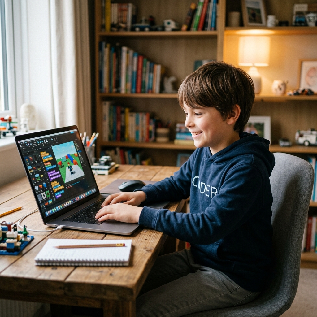 Ребенок программирует в Roblox Studio в coding school